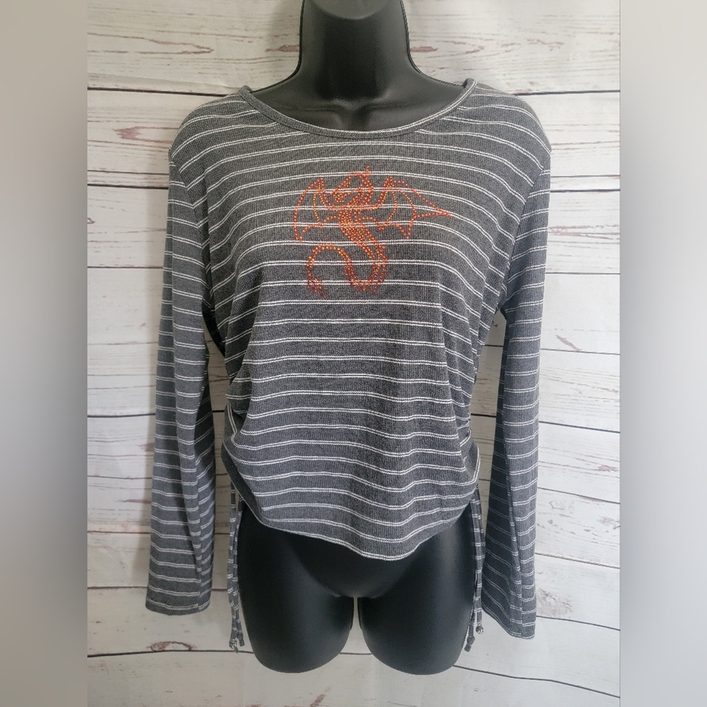 Gray Striped Top with Bling Detail